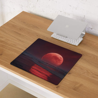 Epic large gaming mouse pad with vivid red moon over dark water, non-slip base