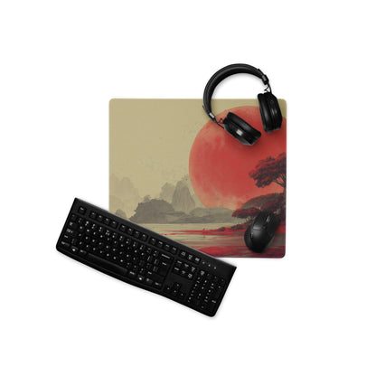 Dreamlike red moon landscape gaming mouse pad with sunset mountains