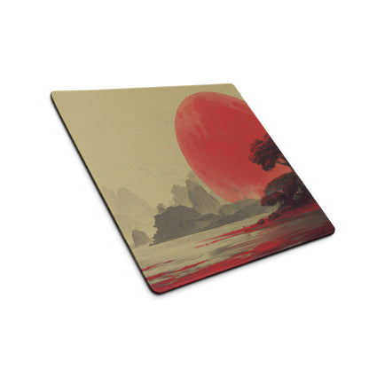 Dreamlike red sun landscape gaming mouse pad with misty mountains