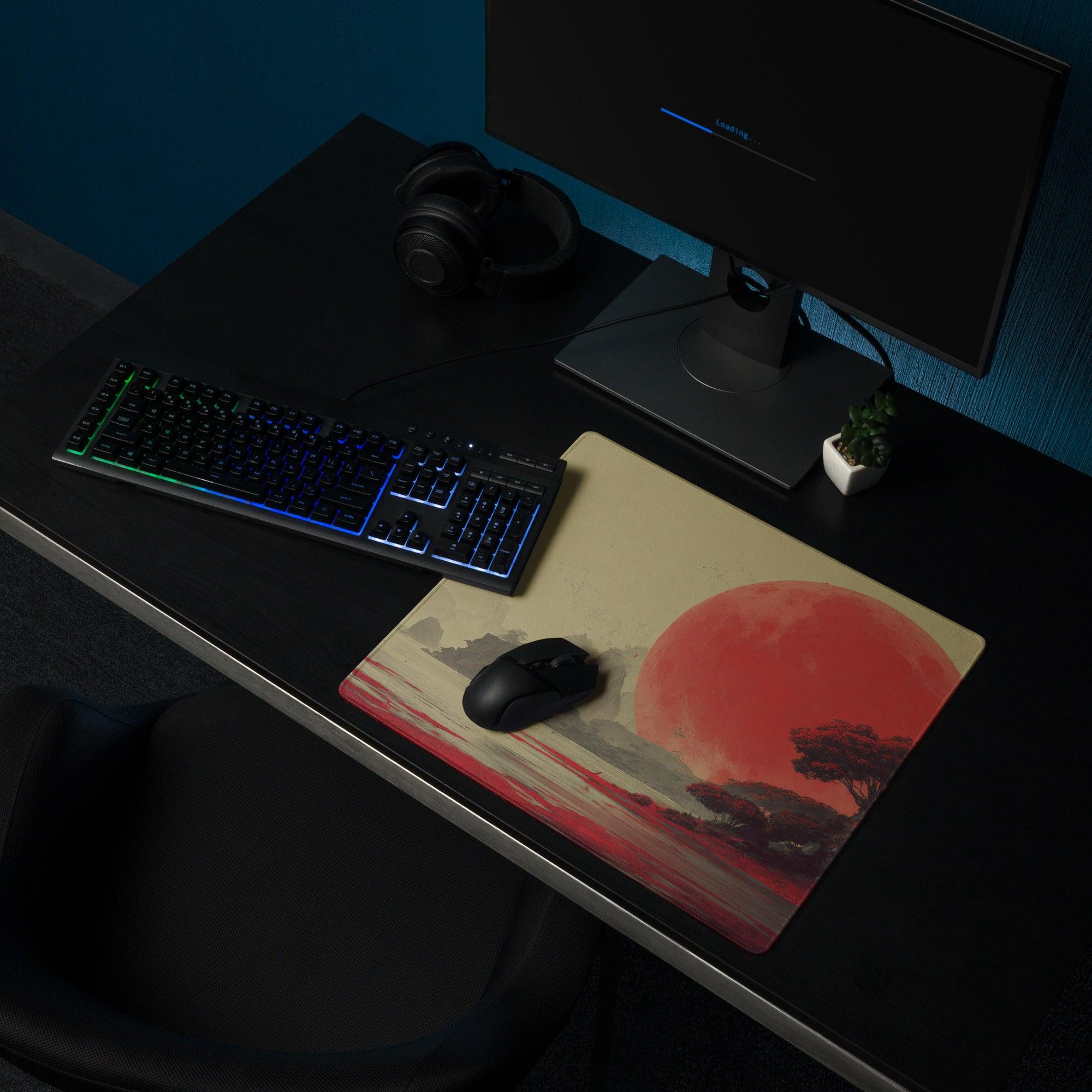 Dreamlike red moon landscape large gaming mouse pad with sun over trees