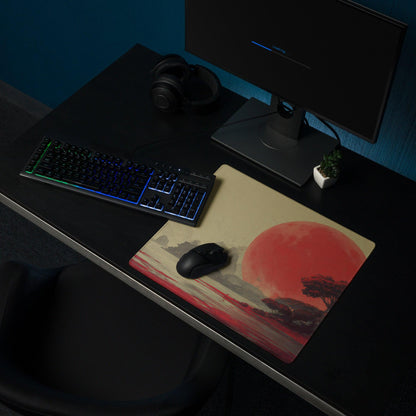Dreamlike red moon landscape large gaming mouse pad with sun over trees