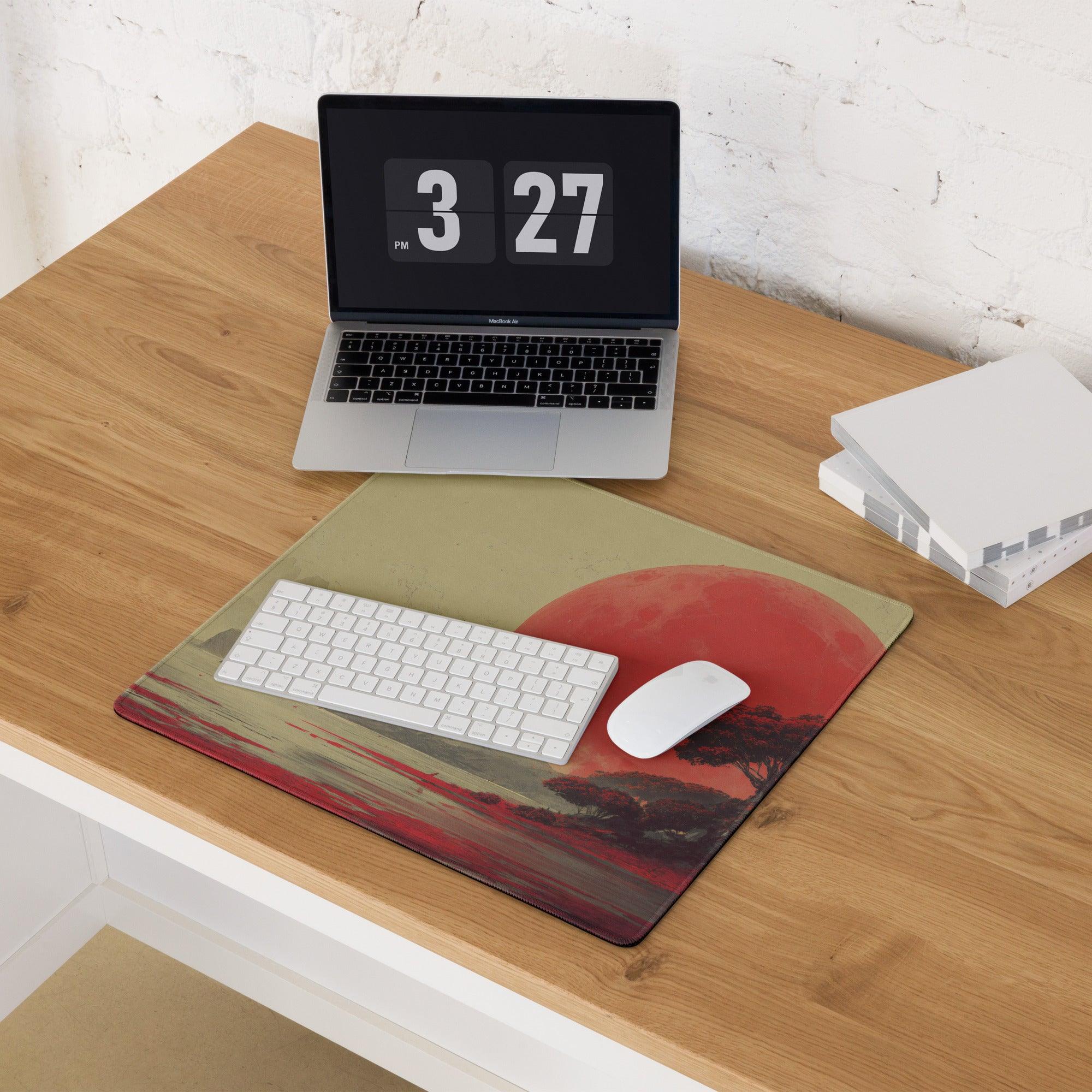 Dreamlike red moon landscape rectangular gaming mouse pad with sunset scene