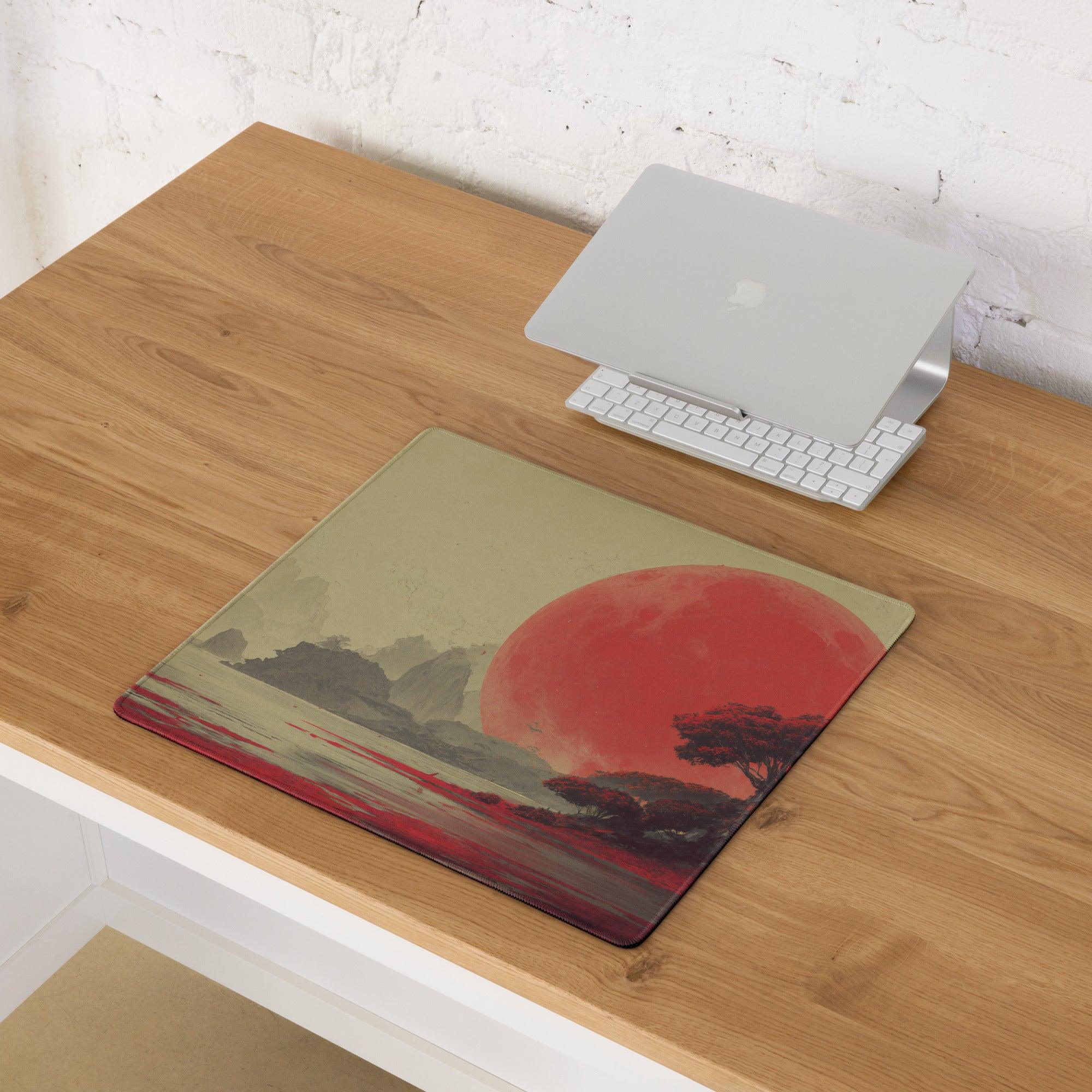 Dreamlike red moon landscape large gaming mouse pad with non-slip edges
