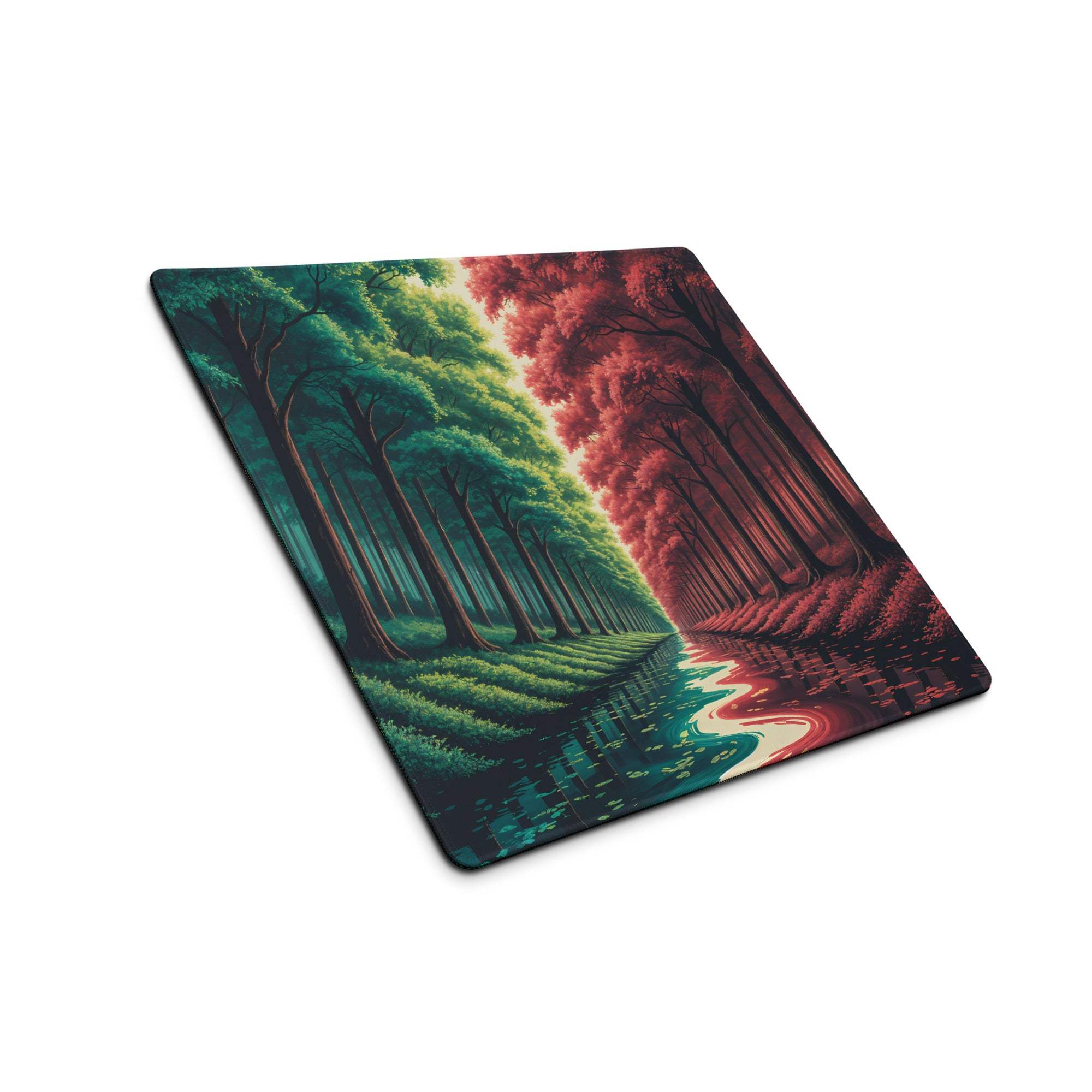 Epic Forest Split Tone green red gradient gaming mouse pad with river-split forest
