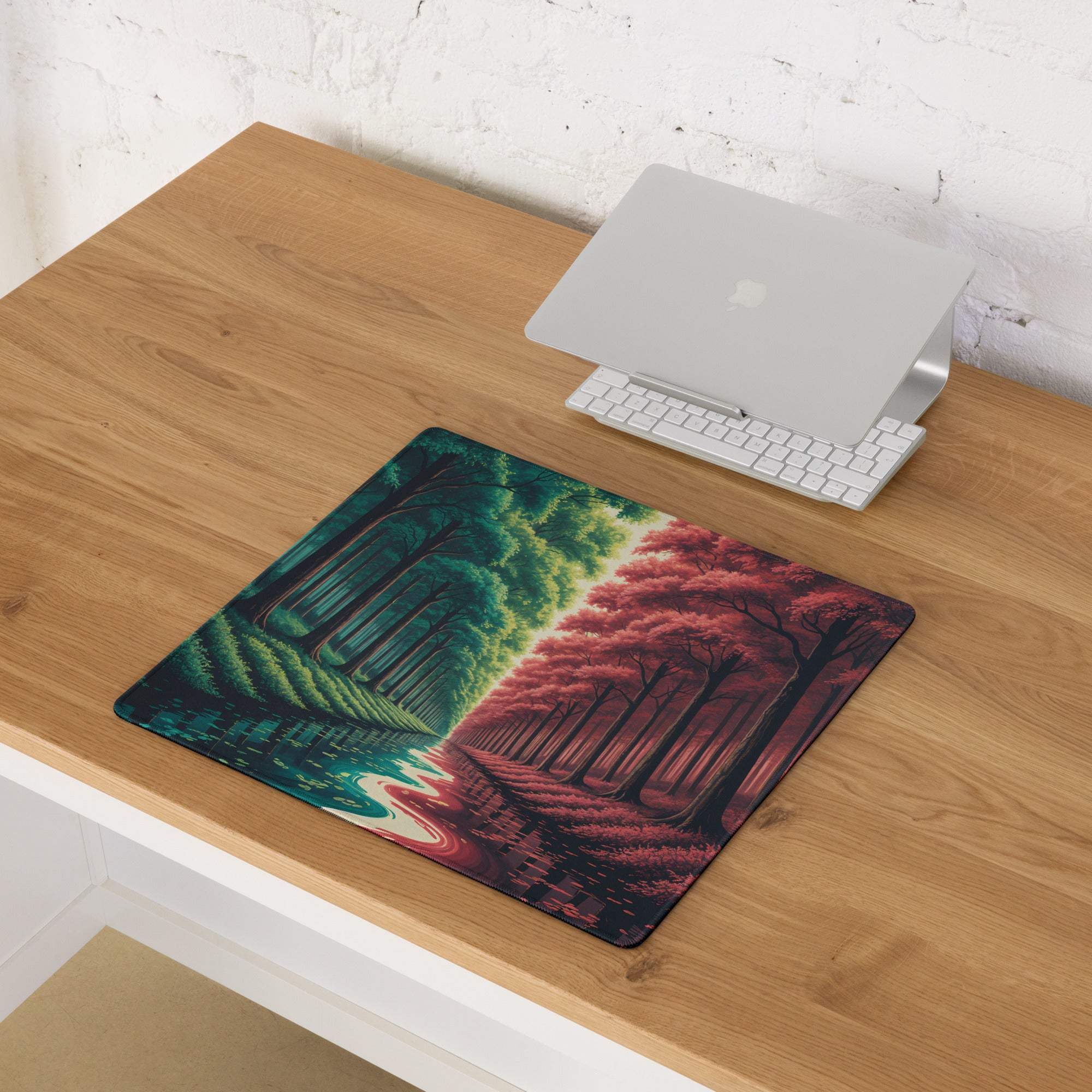 Epic Forest Split Tone green red gradient gaming mouse pad with trees foliage