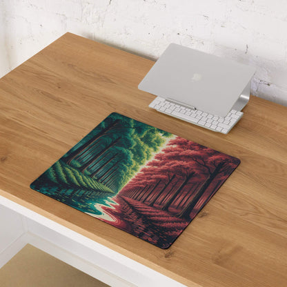Epic Forest Split Tone green red gradient gaming mouse pad with trees foliage