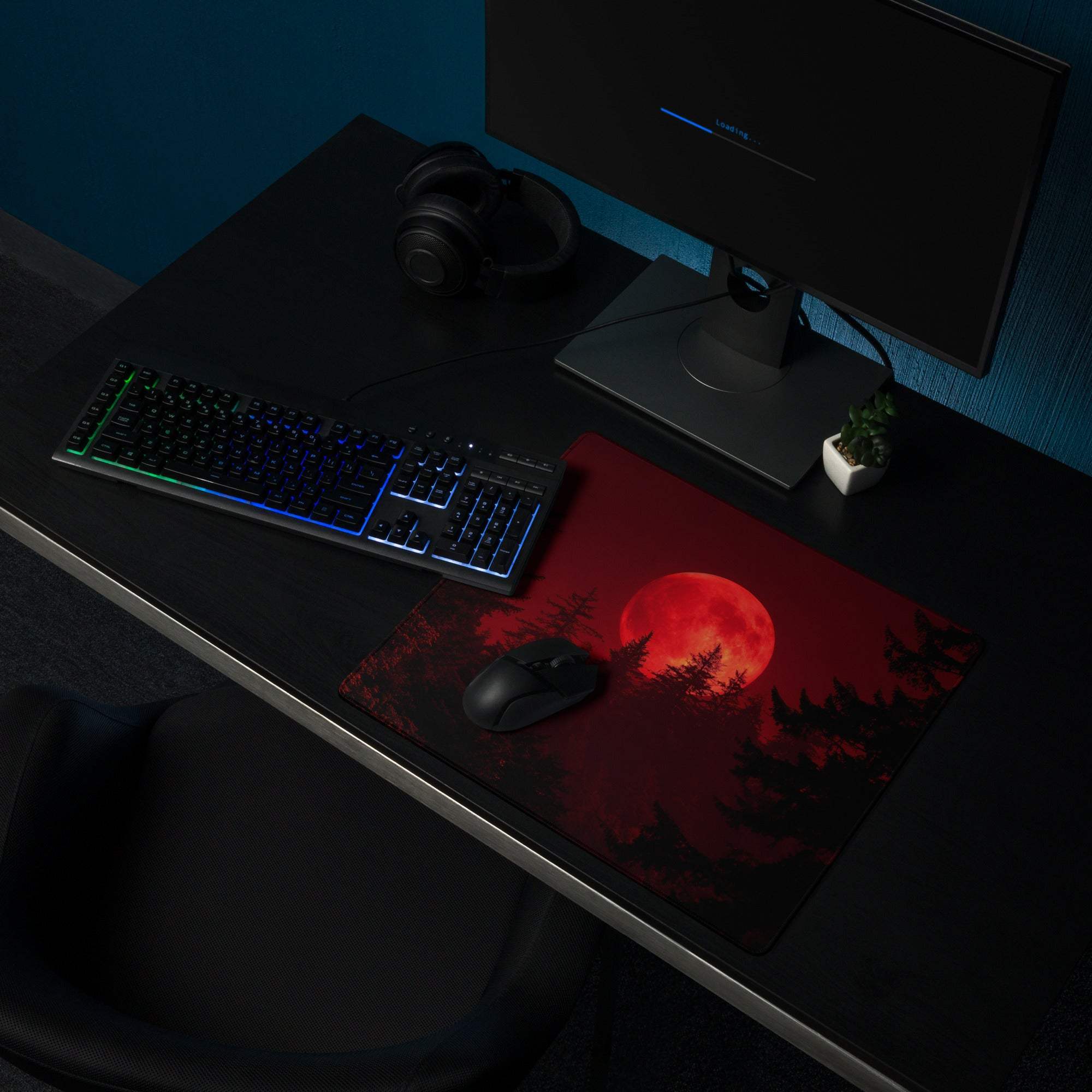 Dark red moonlit forest gaming mouse pad with glossy finish