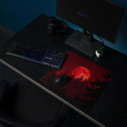 Dark red moonlit forest gaming mouse pad with glossy finish