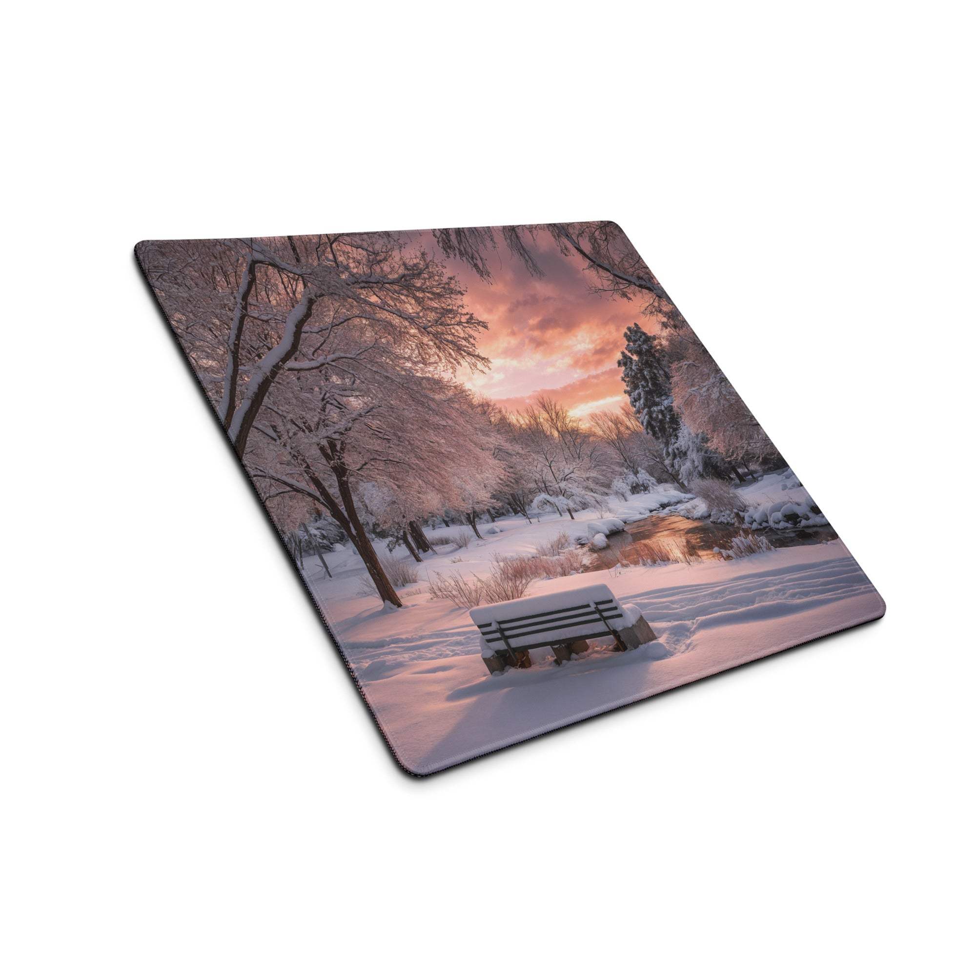 Snow-covered park bench on premium large gaming mouse pad winter sunset design