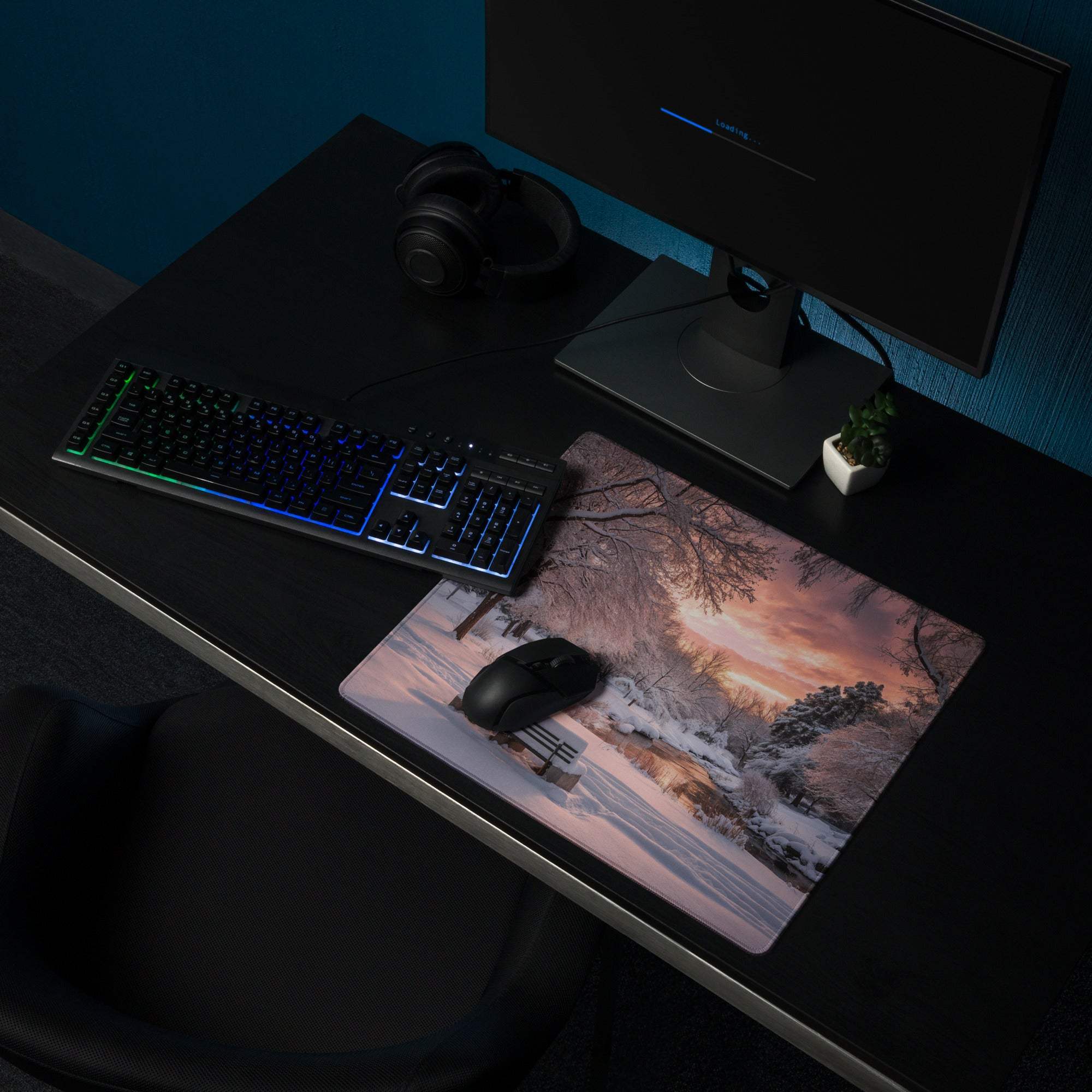 Premium large gaming mouse pad with winter sunset landscape, non-slip base, stitching