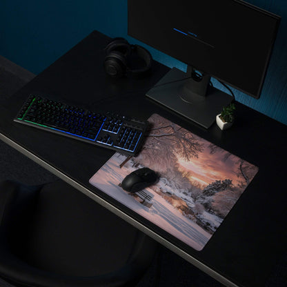 Premium large gaming mouse pad with winter sunset landscape, non-slip base, stitching