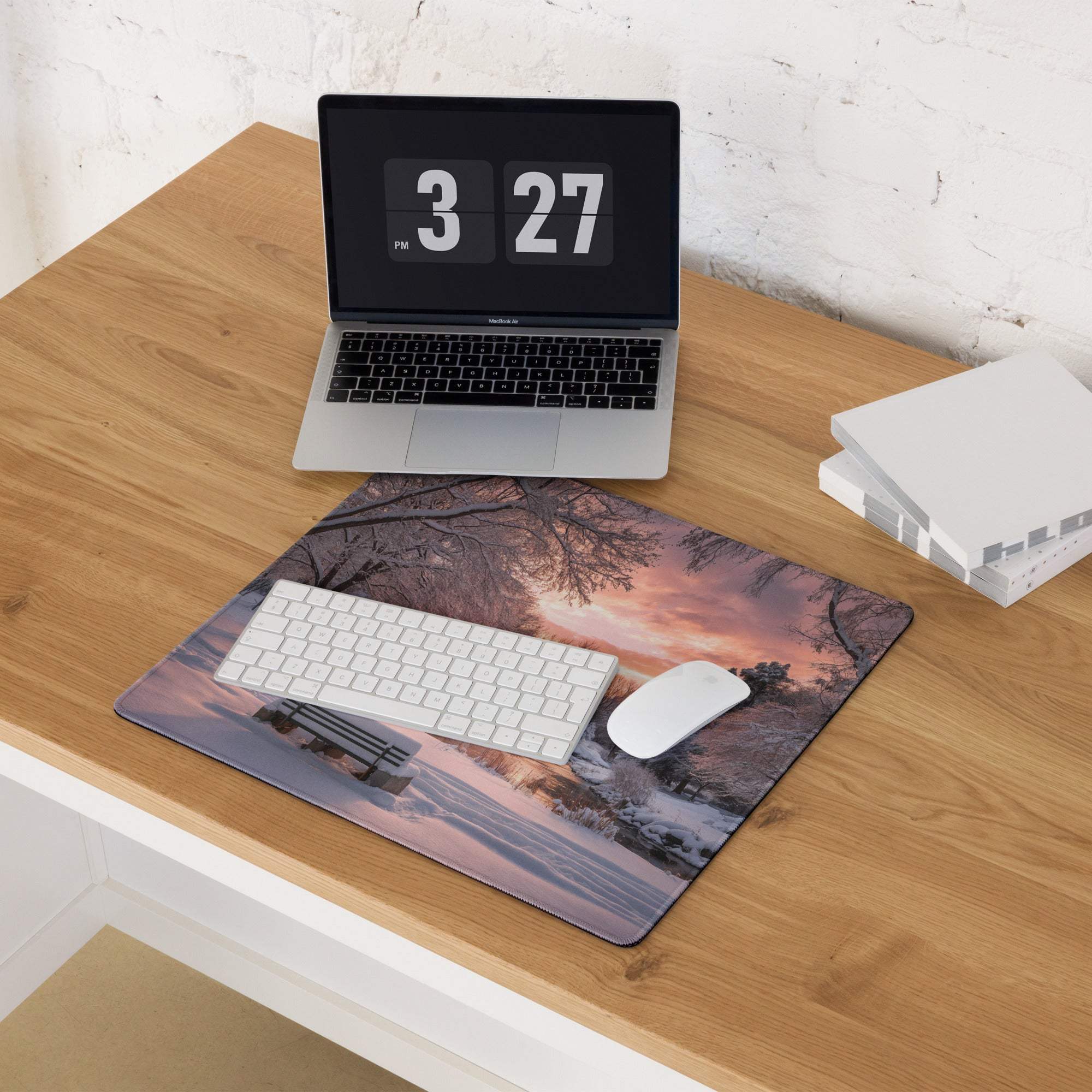 Premium large gaming mouse pad with winter sunset scene, non-slip base, edge stitching