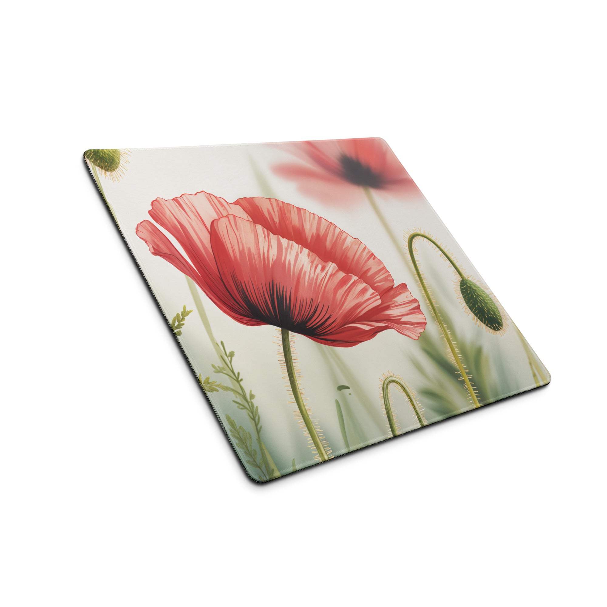 Square poppy coaster on floral gaming mouse pad, red flower, non-slip backing