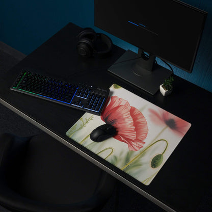 Floral poppy large gaming mouse pad with red flower, non-slip backing, stitched edges