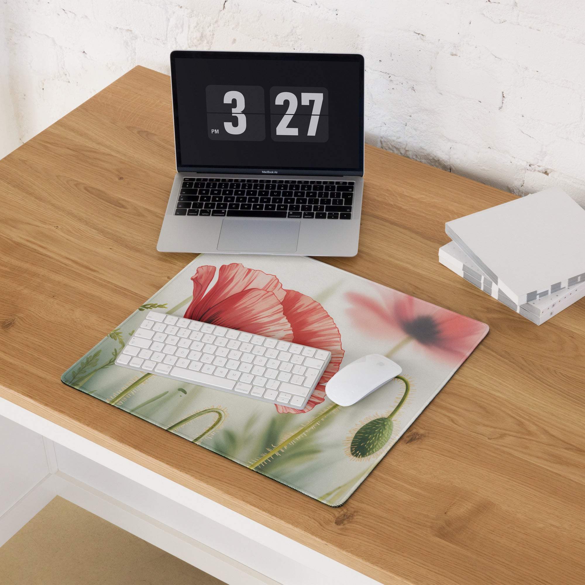 Floral poppy large gaming mouse pad with vibrant red poppies on green background
