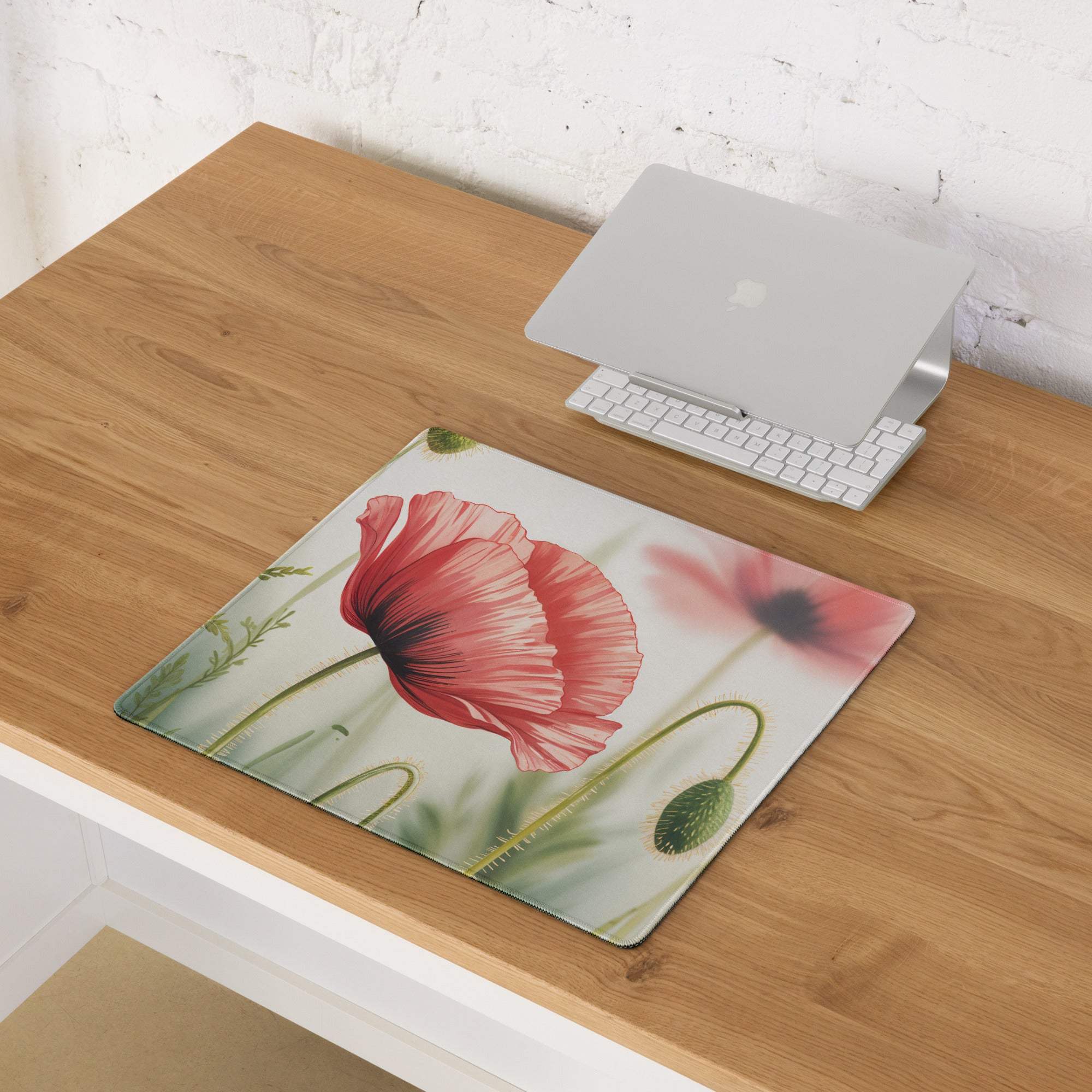 Floral poppy large gaming mouse pad with red poppies and non-slip backing
