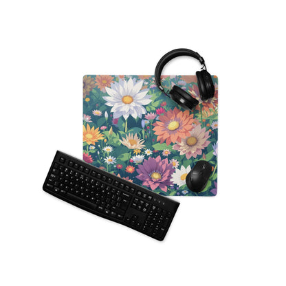 Vibrant floral garden gaming mouse pad with large size, non-slip backing, edge stitching