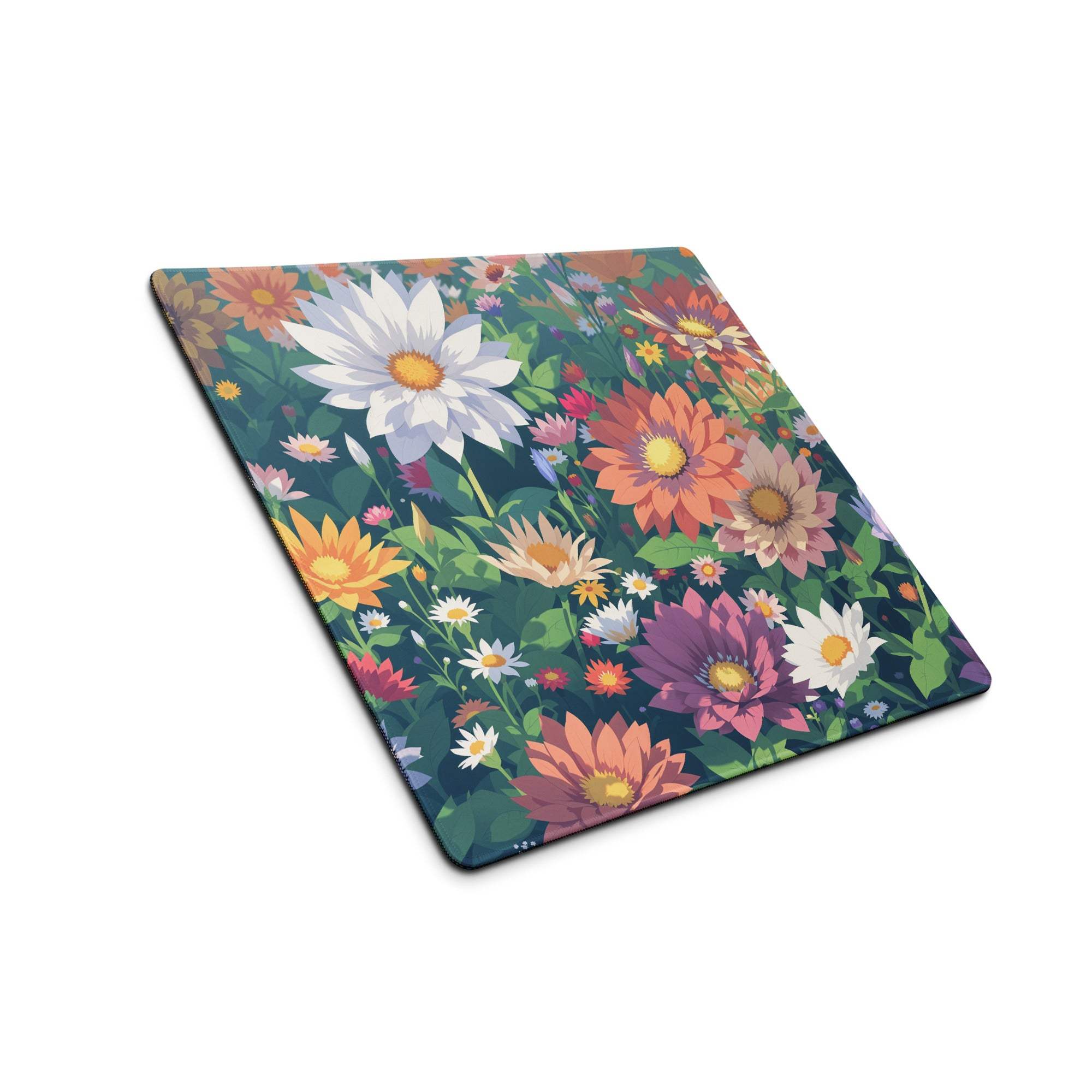 Vibrant floral garden gaming mouse pad with daisies, non-slip backing, stitching