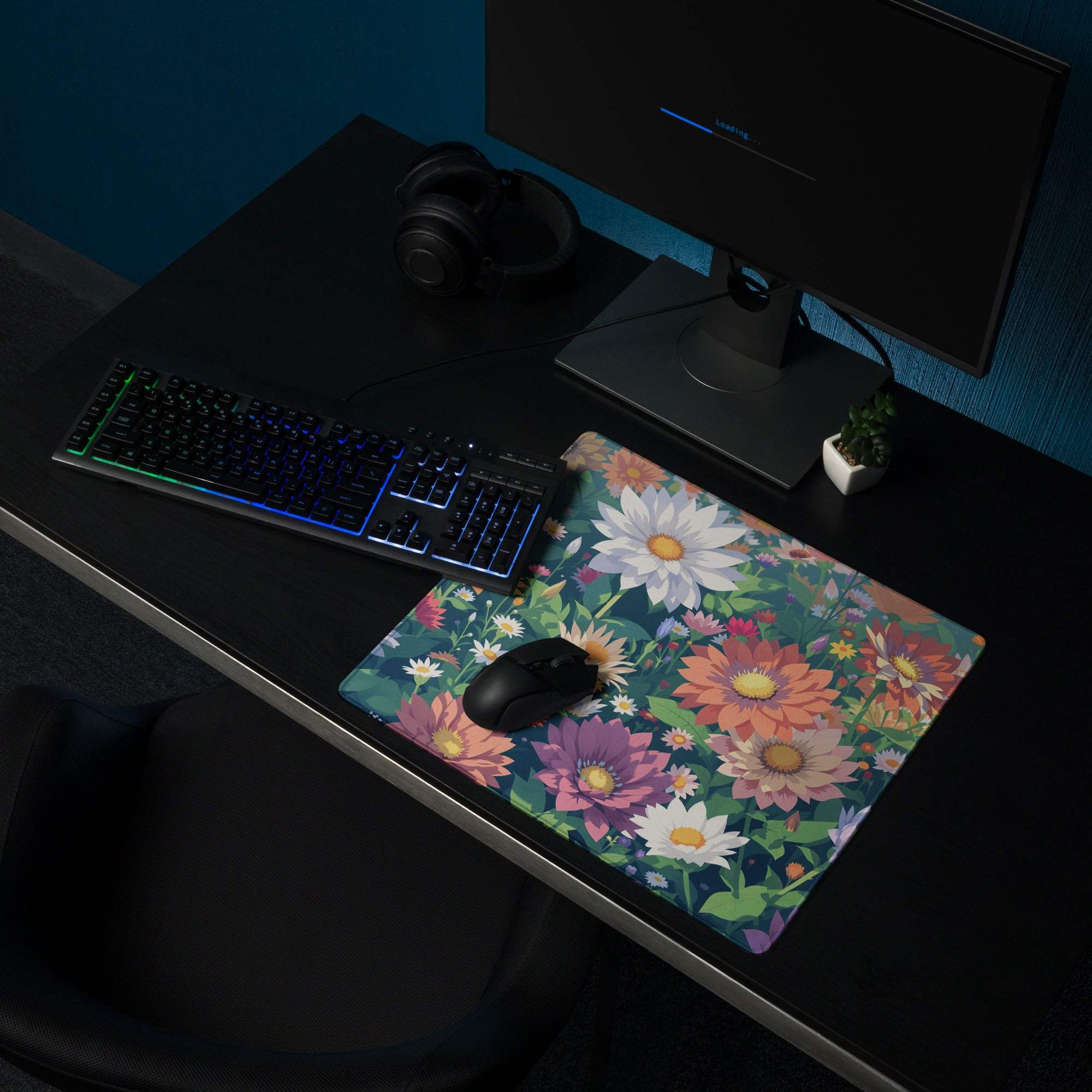 Vibrant floral garden gaming mouse pad with large size, non-slip backing, edge stitching