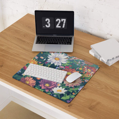 Vibrant floral garden gaming mouse pad with large size, non-slip backing, edge stitching