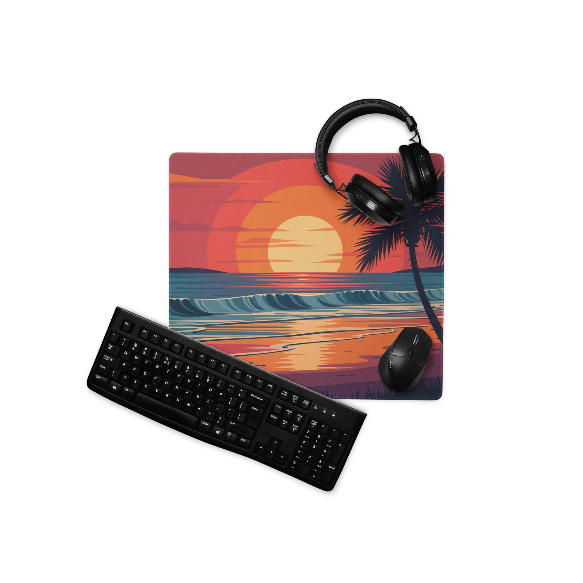 Tropical sunset beach gaming mouse pad with palm trees and waves