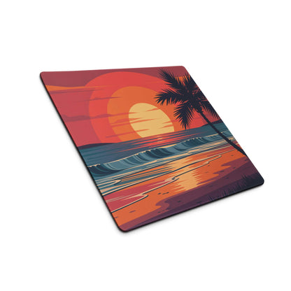 Tropical sunset beach gaming mouse pad with palm trees, large non-slip esports surface