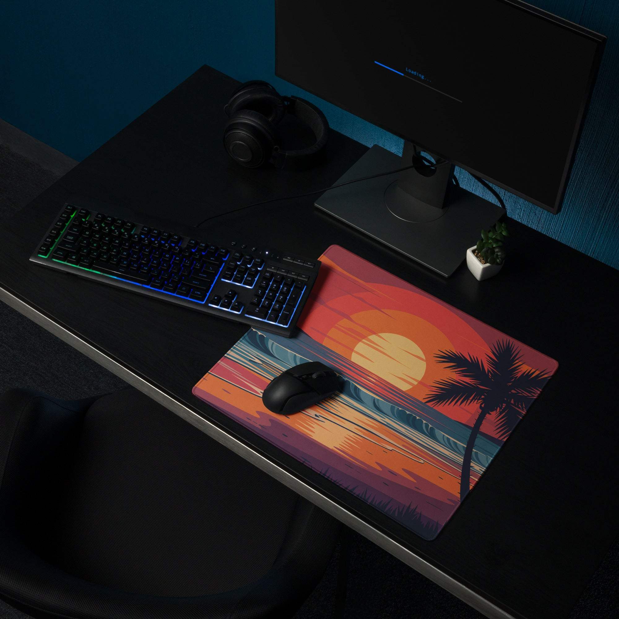 Tropical sunset beach gaming mouse pad with palm trees, large non-slip surface