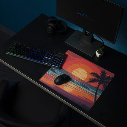 Tropical sunset beach gaming mouse pad with palm trees, large non-slip surface