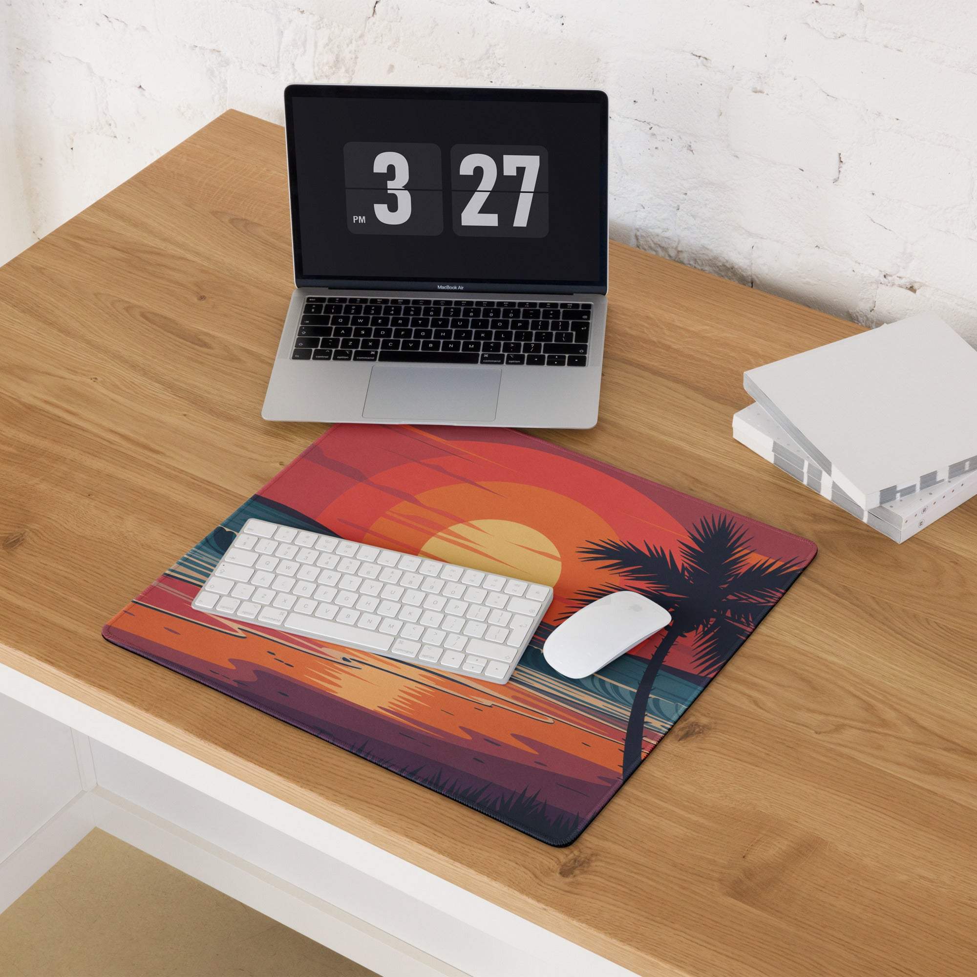 Tropical sunset beach gaming mouse pad with palm trees and ocean hues