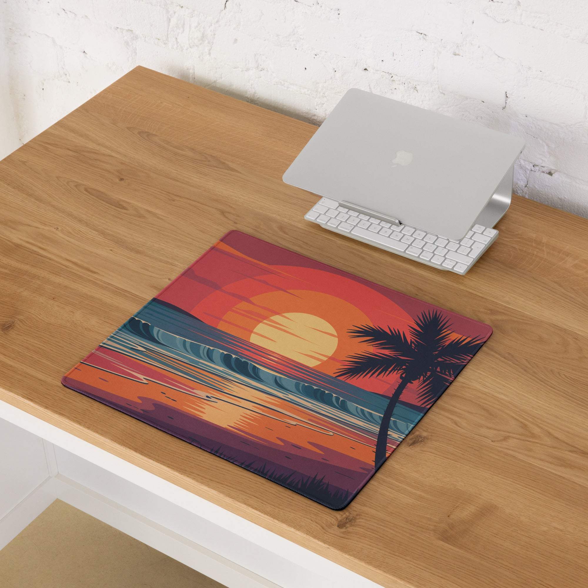 Tropical sunset beach gaming mouse pad with palm trees and ocean waves