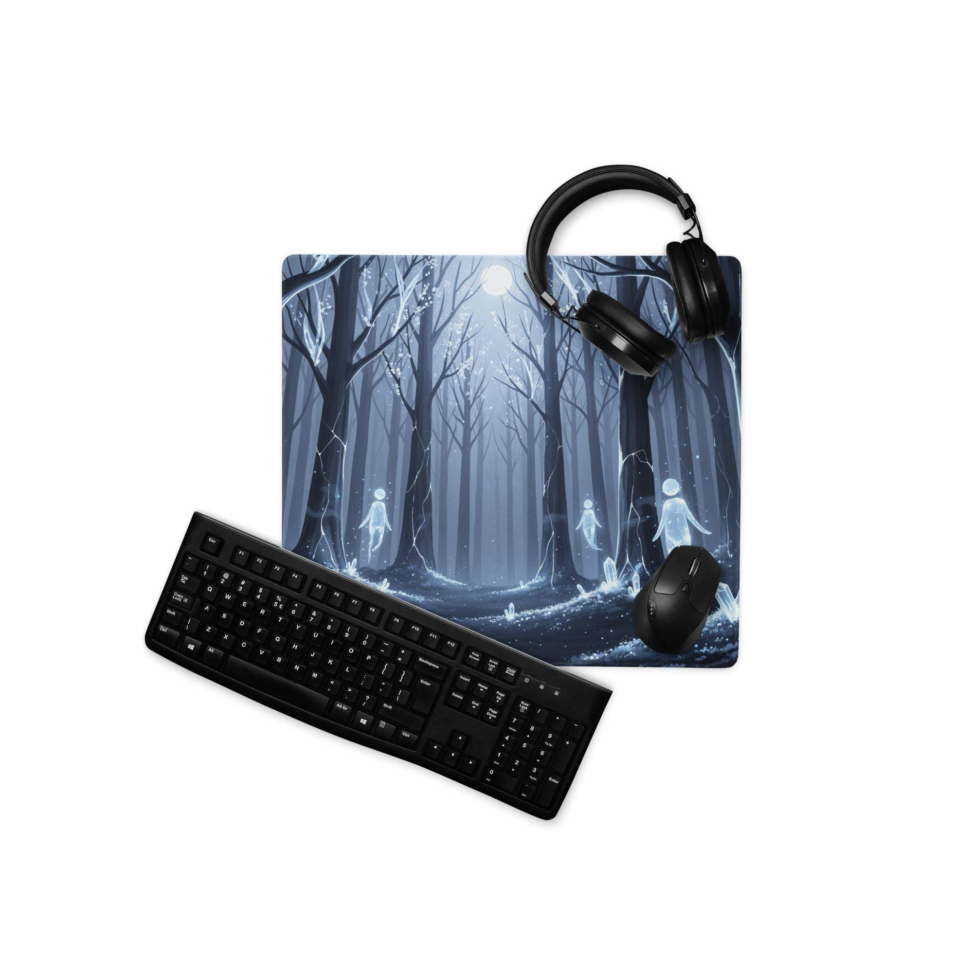 Mystic Forest Blue Night gaming mouse pad with headphones and keyboard