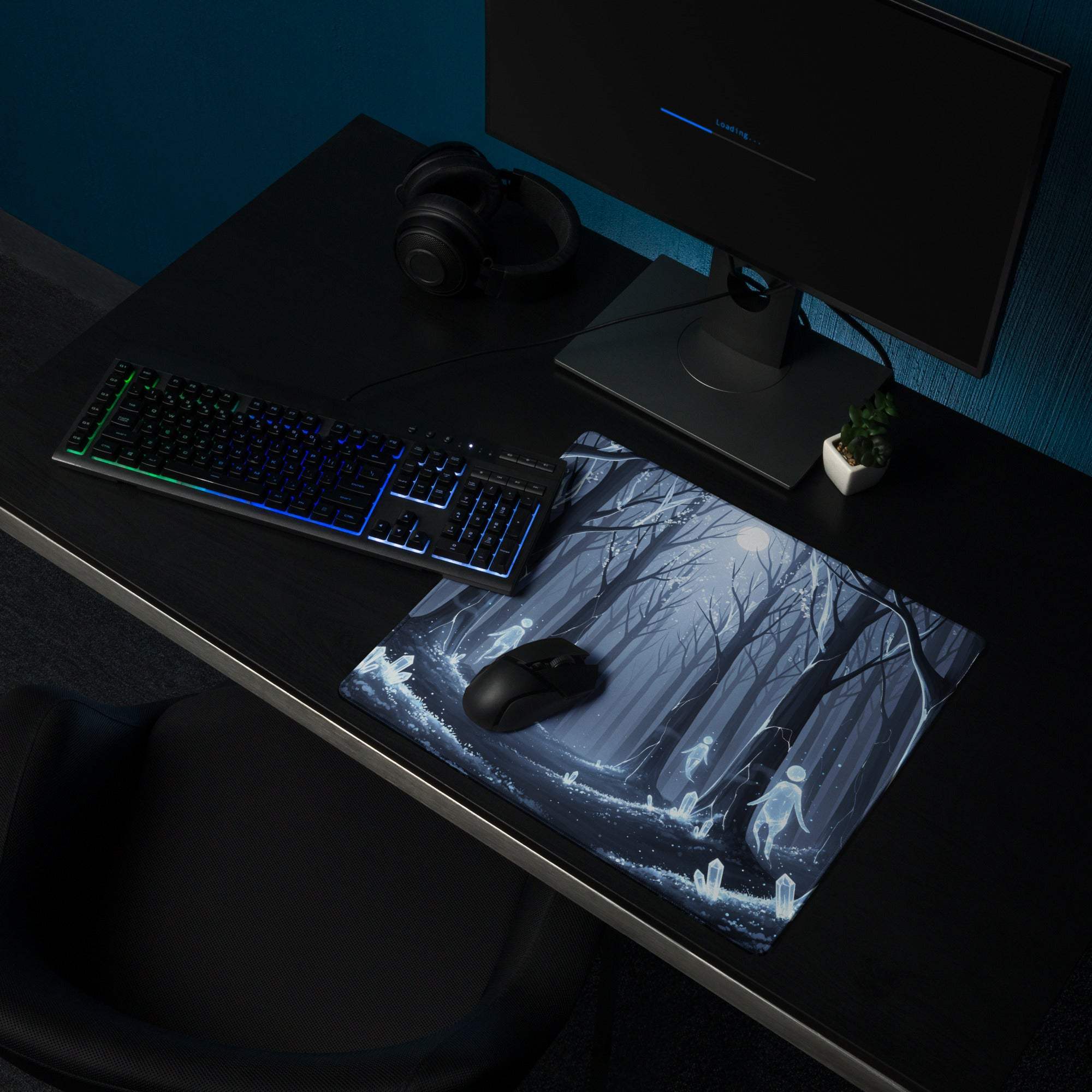 Mystic Forest Blue Night large gaming mousepad with ghostly moonlit forest design