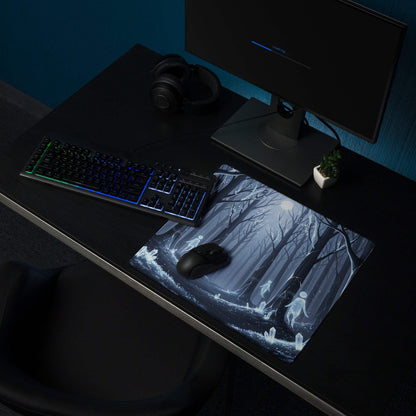 Mystic Forest Blue Night large gaming mousepad with ghostly moonlit forest design