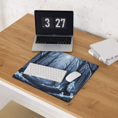 Mystic Forest Blue Night gaming mouse pad with glowing forest scene