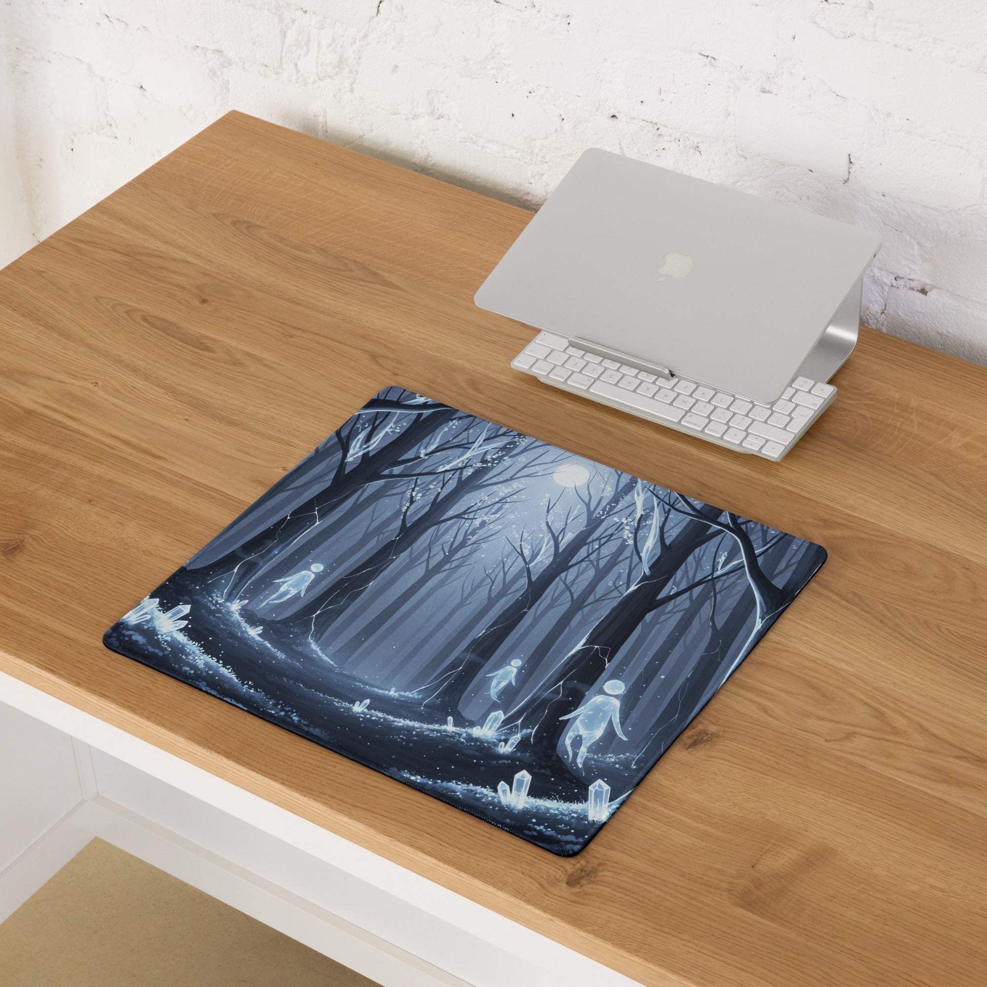 Mystic Forest Blue Night large gaming mouse pad with dark forest, glowing figures, moonlit sky