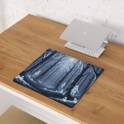 Mystic Forest Blue Night large gaming mouse pad with dark forest, glowing figures, moonlit sky