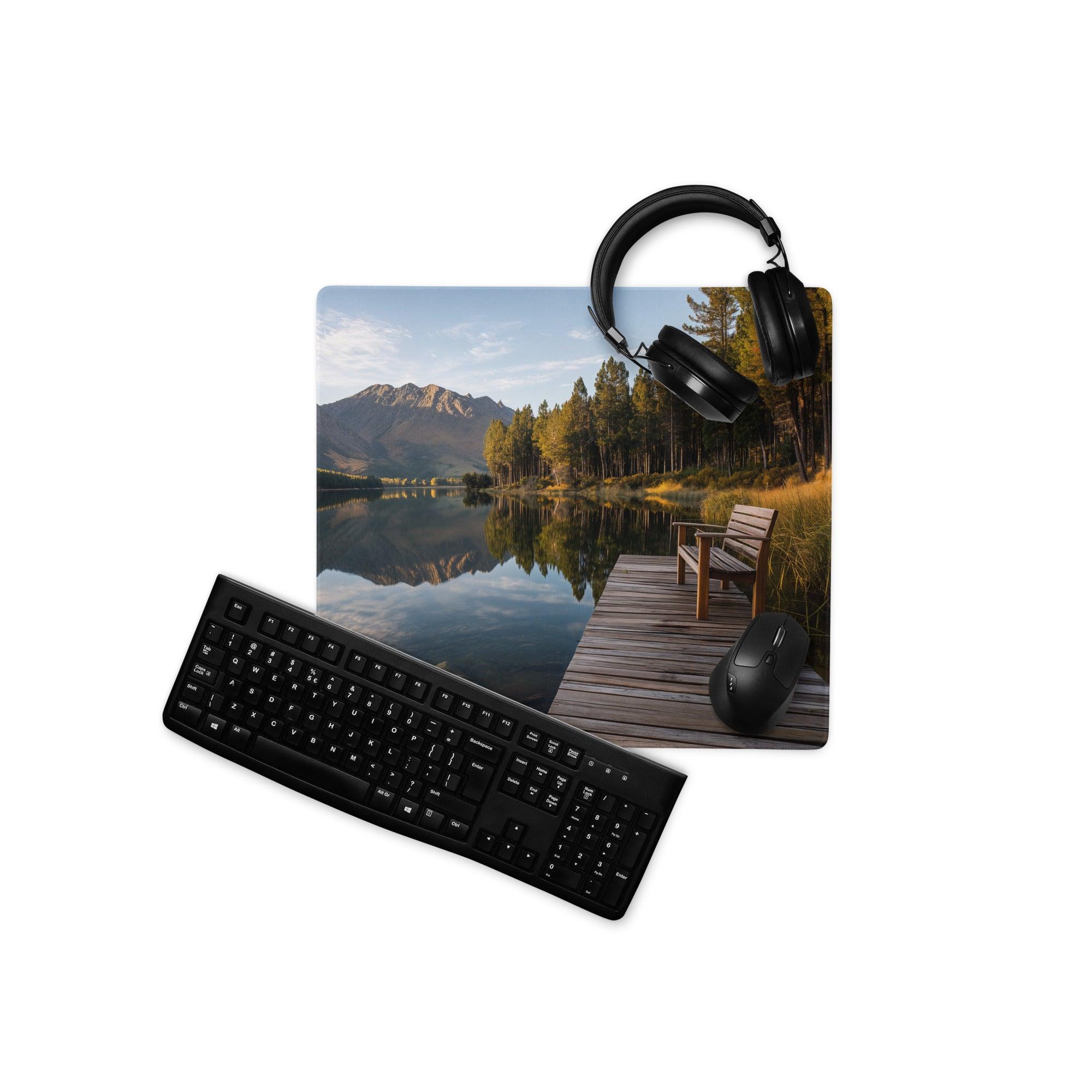Black qwerty keyboard on Calm Forest Lake gaming mouse pad