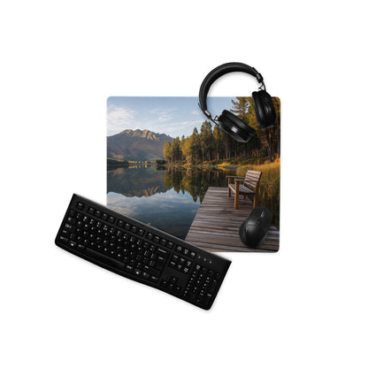 Black qwerty keyboard on Calm Forest Lake gaming mouse pad