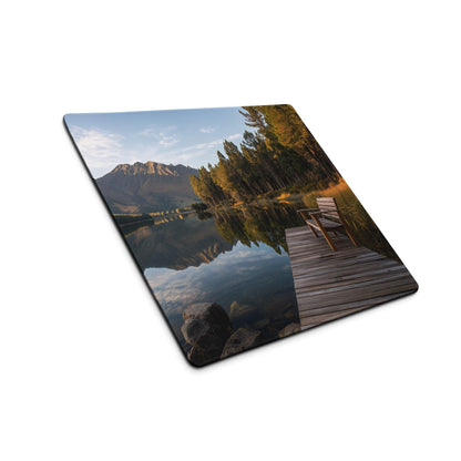 Calm forest lake gaming mouse pad with serene lakeside dock scene