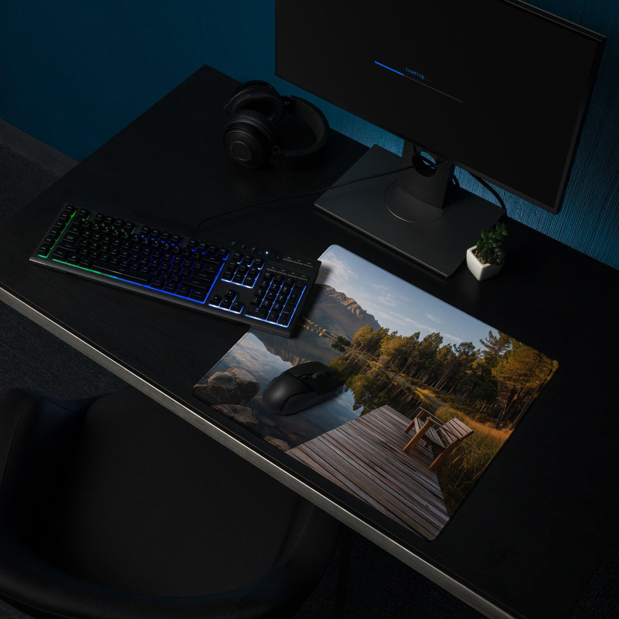Calm forest lake dock mouse pad with non-slip base and stitched edges