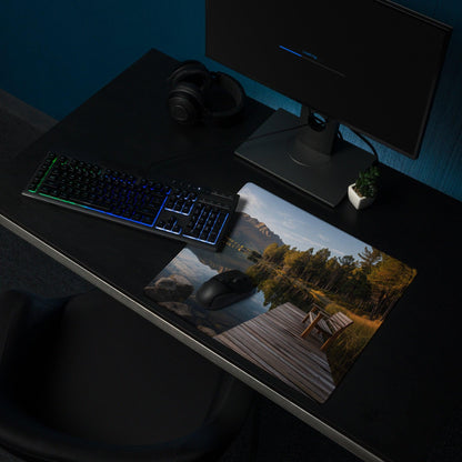 Calm forest lake dock mouse pad with non-slip base and stitched edges