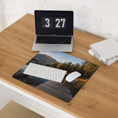 Calm forest lake gaming mouse pad with dock, non-slip base, stitched edges