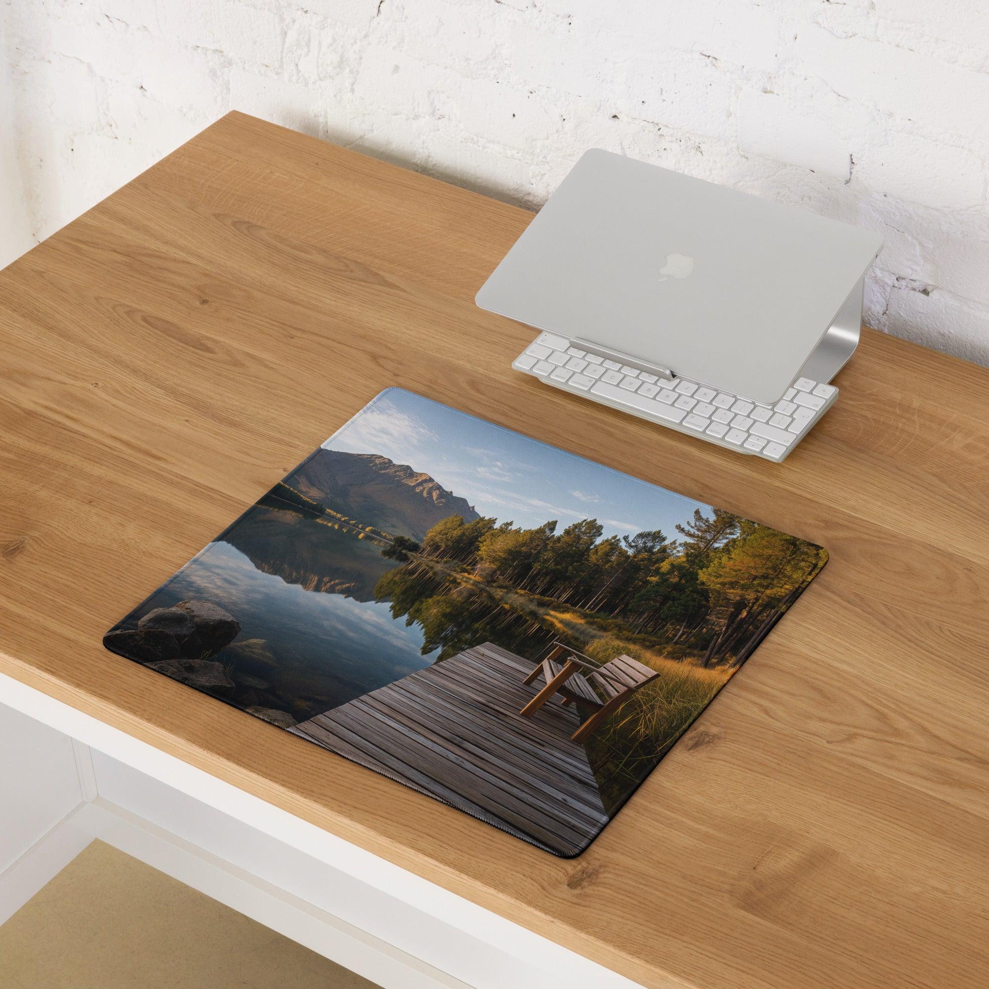 Calm forest lake dock with mountains gaming mouse pad, non-slip base
