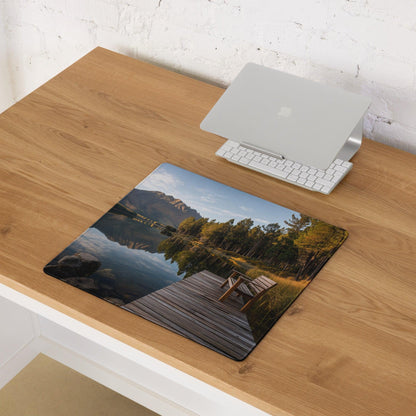 Calm forest lake dock with mountains gaming mouse pad, non-slip base
