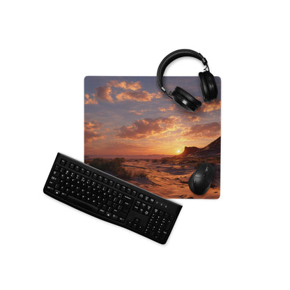 Cinematic gaming mouse pad with desert sunset, headphones, non-slip base