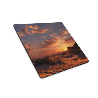 Cinematic gaming mouse pad with vivid ocean sunset, orange purple clouds, non-slip base