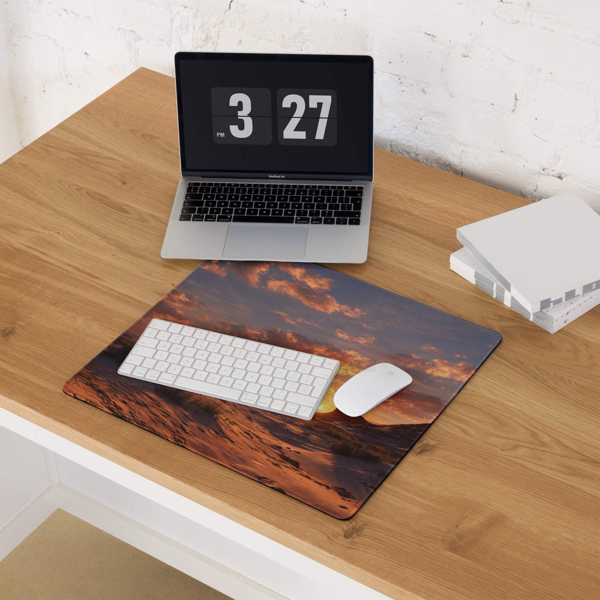 Cinematic gaming mouse pad with warm orange purple desert sunset, non-slip base