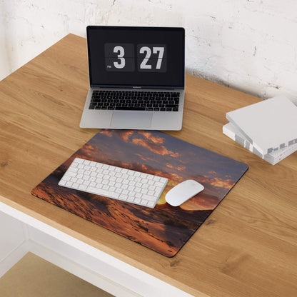 Cinematic gaming mouse pad with warm orange purple desert sunset, non-slip base