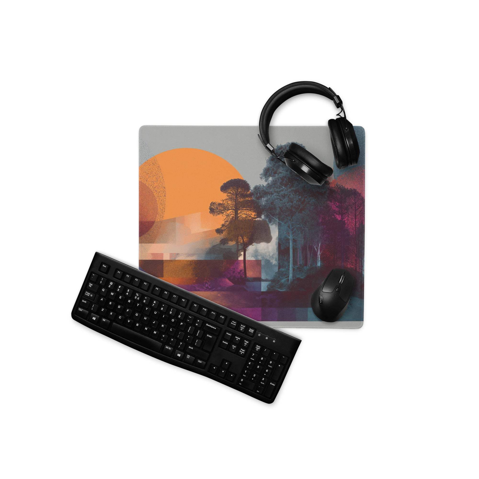 Abstract landscape gaming mouse pad with forest sun trees purple hues large non-slip