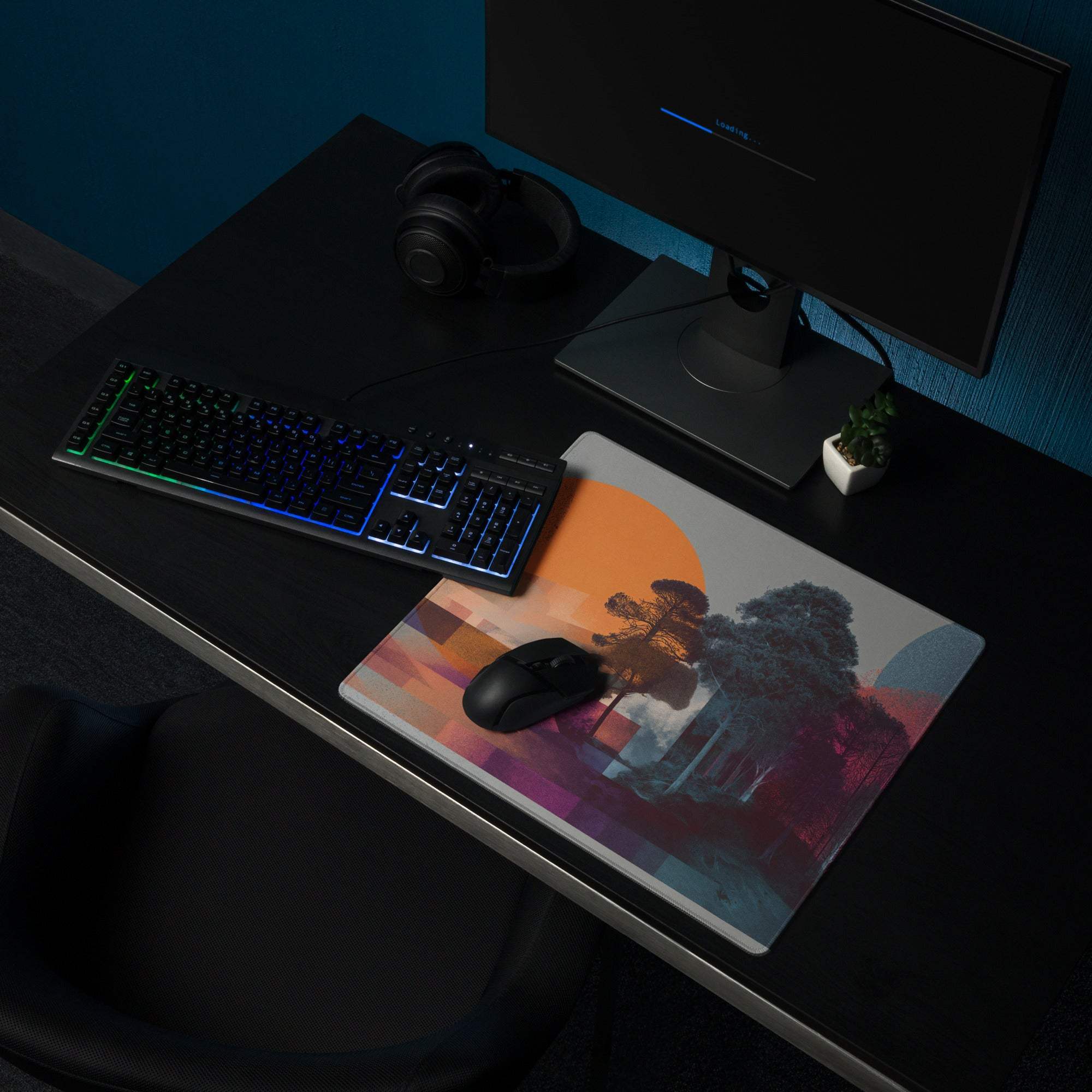 Large abstract landscape gaming mouse pad with vibrant sunset, non-slip base